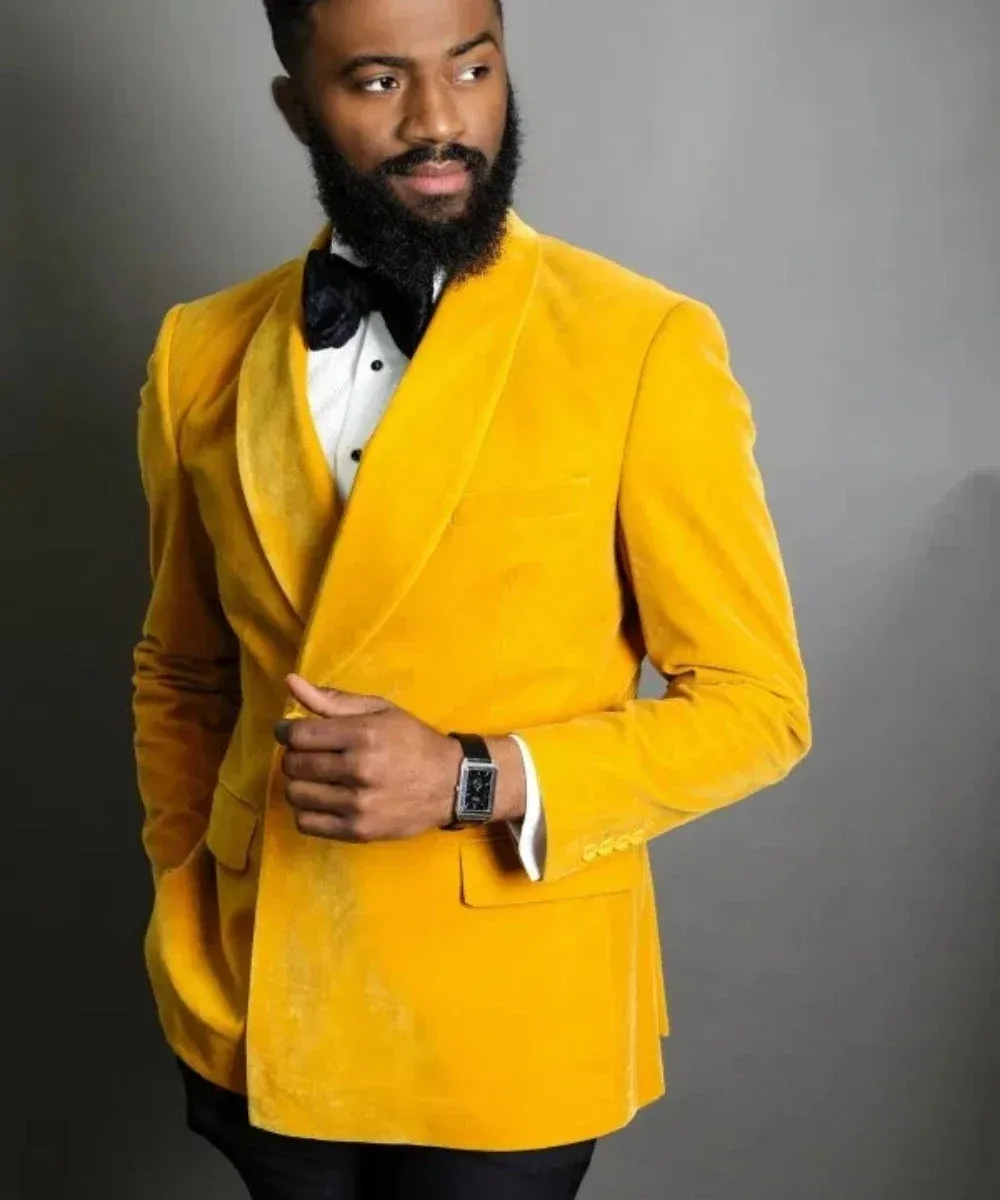 Bonsir Formal Men Suits Slim Fit Groom Tuxedo for Wedding 2 Pcs Yellow Velvet Smoking Jacket Groomsmen Suit (Blazer Pants) 2024