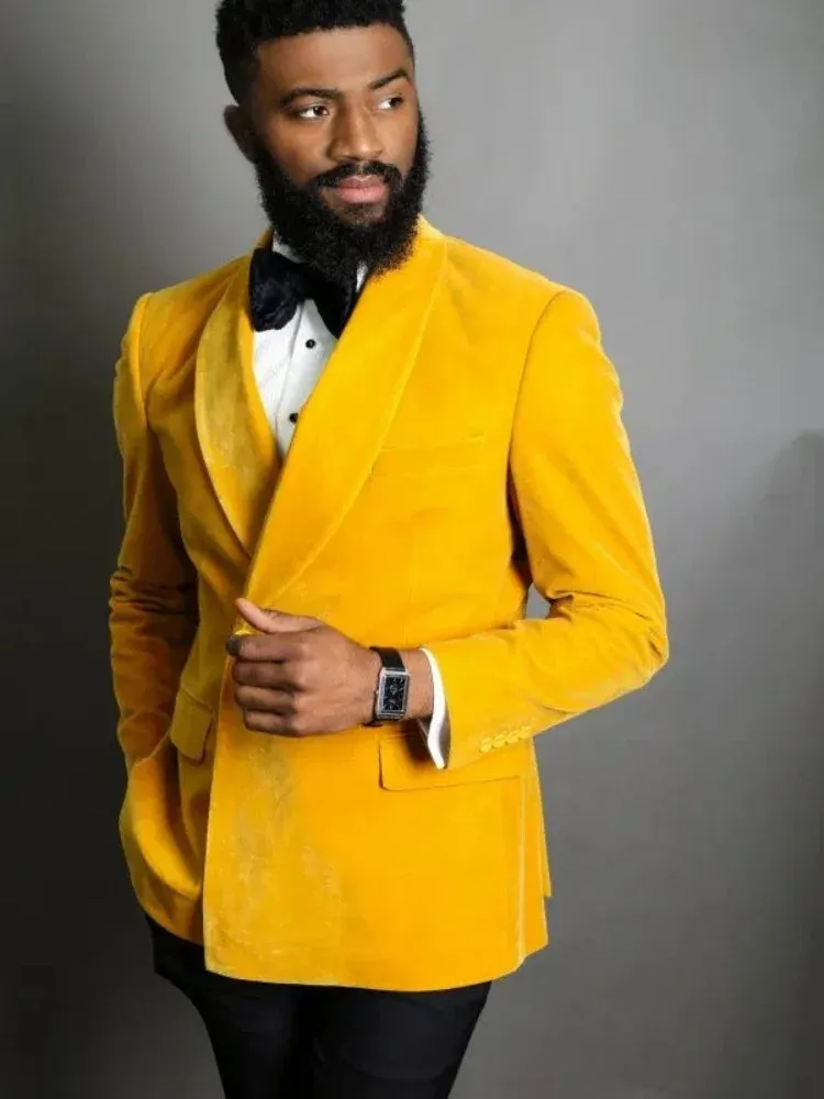 Bonsir Formal Men Suits Slim Fit Groom Tuxedo for Wedding 2 Pcs Yellow Velvet Smoking Jacket Groomsmen Suit (Blazer Pants) 2024
