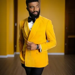 Bonsir Formal Men Suits Slim Fit Groom Tuxedo for Wedding 2 Pcs Yellow Velvet Smoking Jacket Groomsmen Suit (Blazer Pants) 2024
