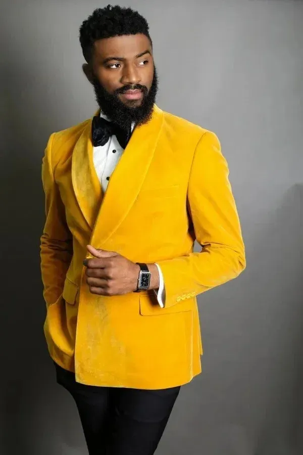 Bonsir Formal Men Suits Slim Fit Groom Tuxedo for Wedding 2 Pcs Yellow Velvet Smoking Jacket Groomsmen Suit (Blazer Pants) 2024
