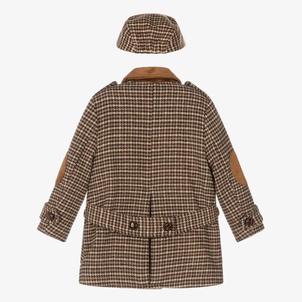 Boys Tweed Houndstooth Pea Coat with Matching Cap - Brown