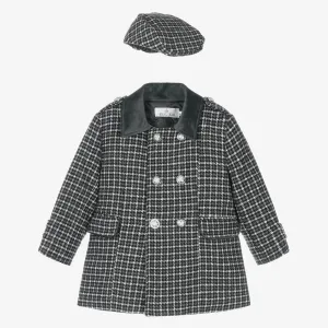 Boys Tweed Houndstooth Pea Coat with Matching Cap - Charcoal Grey