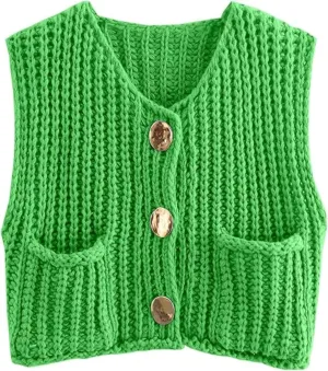 Bozanly Womens Chunky Knit Sweater Vest Cute Button Down Sleeveless Crop Crochet Cardigan Vest 2025
