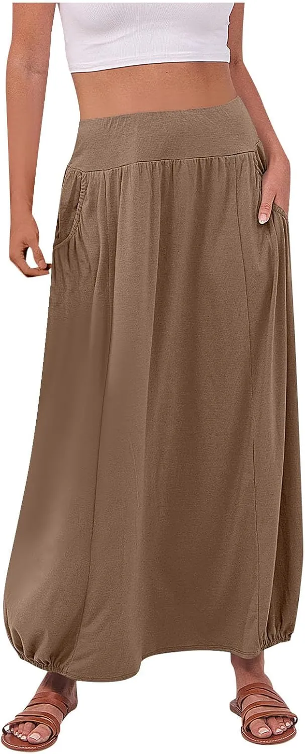 Bubble Skirts for Women 2025 Summer Trendy Elastic Waist Long Skirt Ankle Length Beach Boho Skirt with Pockets