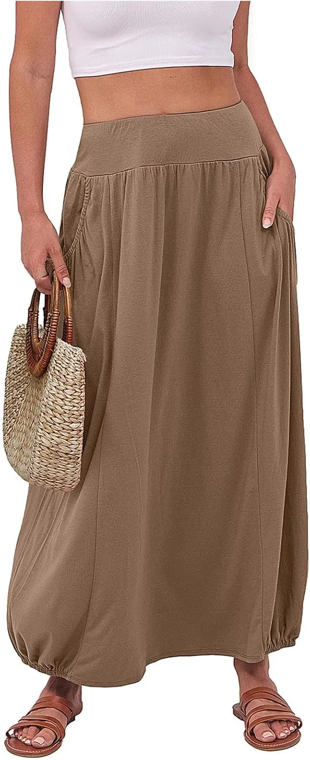 Bubble Skirts for Women 2025 Summer Trendy Elastic Waist Long Skirt Ankle Length Beach Boho Skirt with Pockets