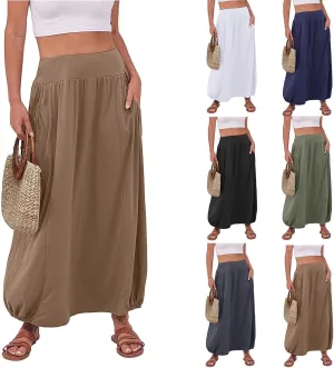 Bubble Skirts for Women 2025 Summer Trendy Elastic Waist Long Skirt Ankle Length Beach Boho Skirt with Pockets