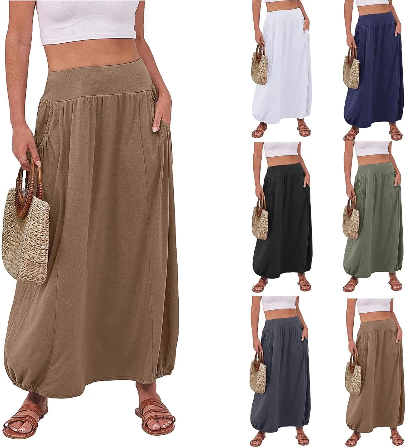 Bubble Skirts for Women 2025 Summer Trendy Elastic Waist Long Skirt Ankle Length Beach Boho Skirt with Pockets