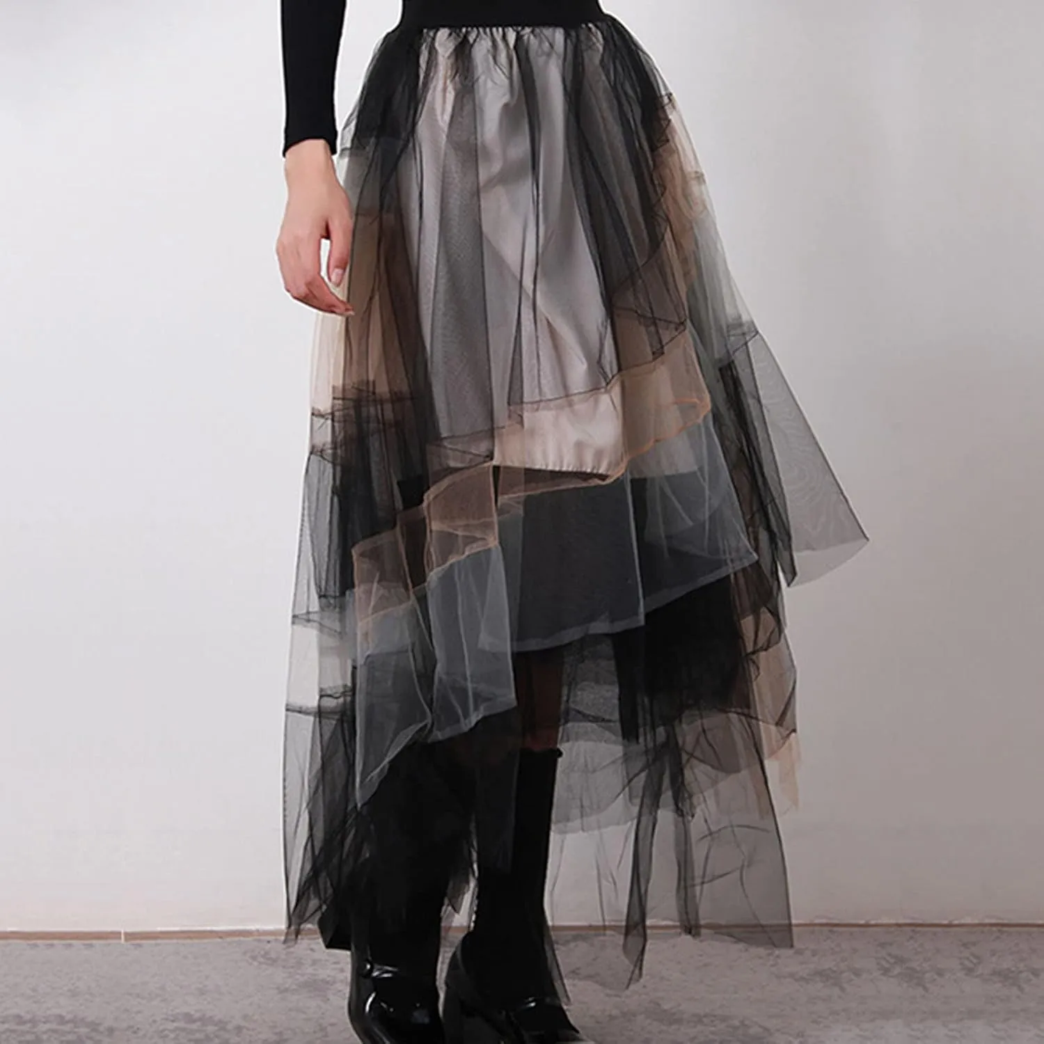 BulliBucci 2024 Women's Tulle Skirts Elastic High Waist Tiered Midi Skirt A-Line Mesh Pleated Flowy Tutu Skirts
