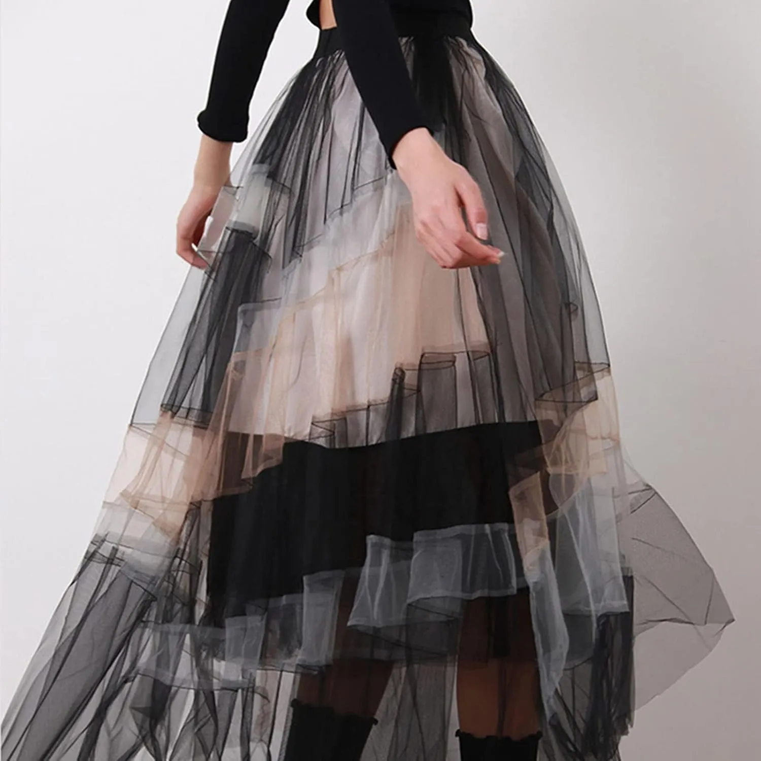 BulliBucci 2024 Women's Tulle Skirts Elastic High Waist Tiered Midi Skirt A-Line Mesh Pleated Flowy Tutu Skirts