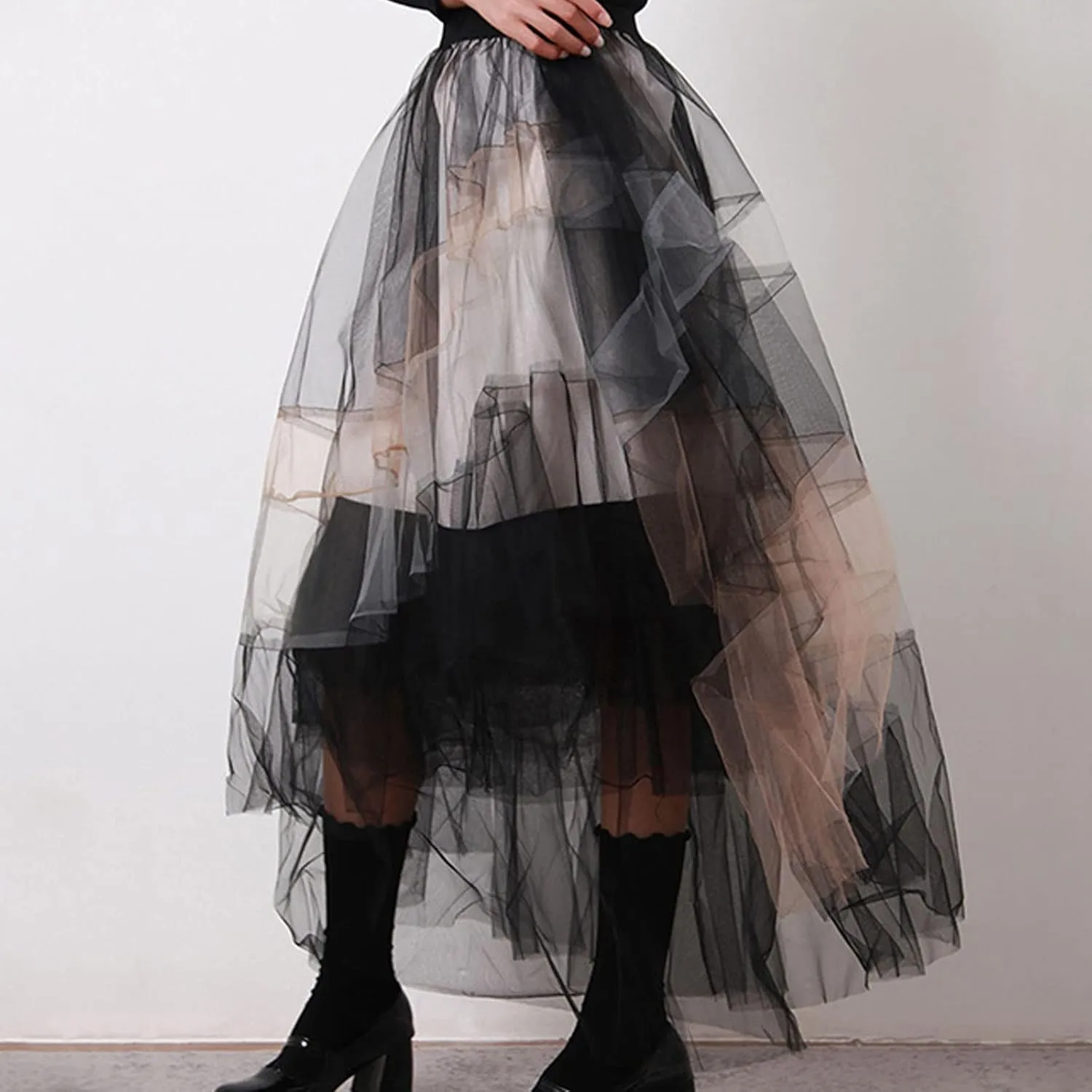 BulliBucci 2024 Women's Tulle Skirts Elastic High Waist Tiered Midi Skirt A-Line Mesh Pleated Flowy Tutu Skirts