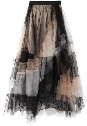 BulliBucci 2024 Women's Tulle Skirts Elastic High Waist Tiered Midi Skirt A-Line Mesh Pleated Flowy Tutu Skirts