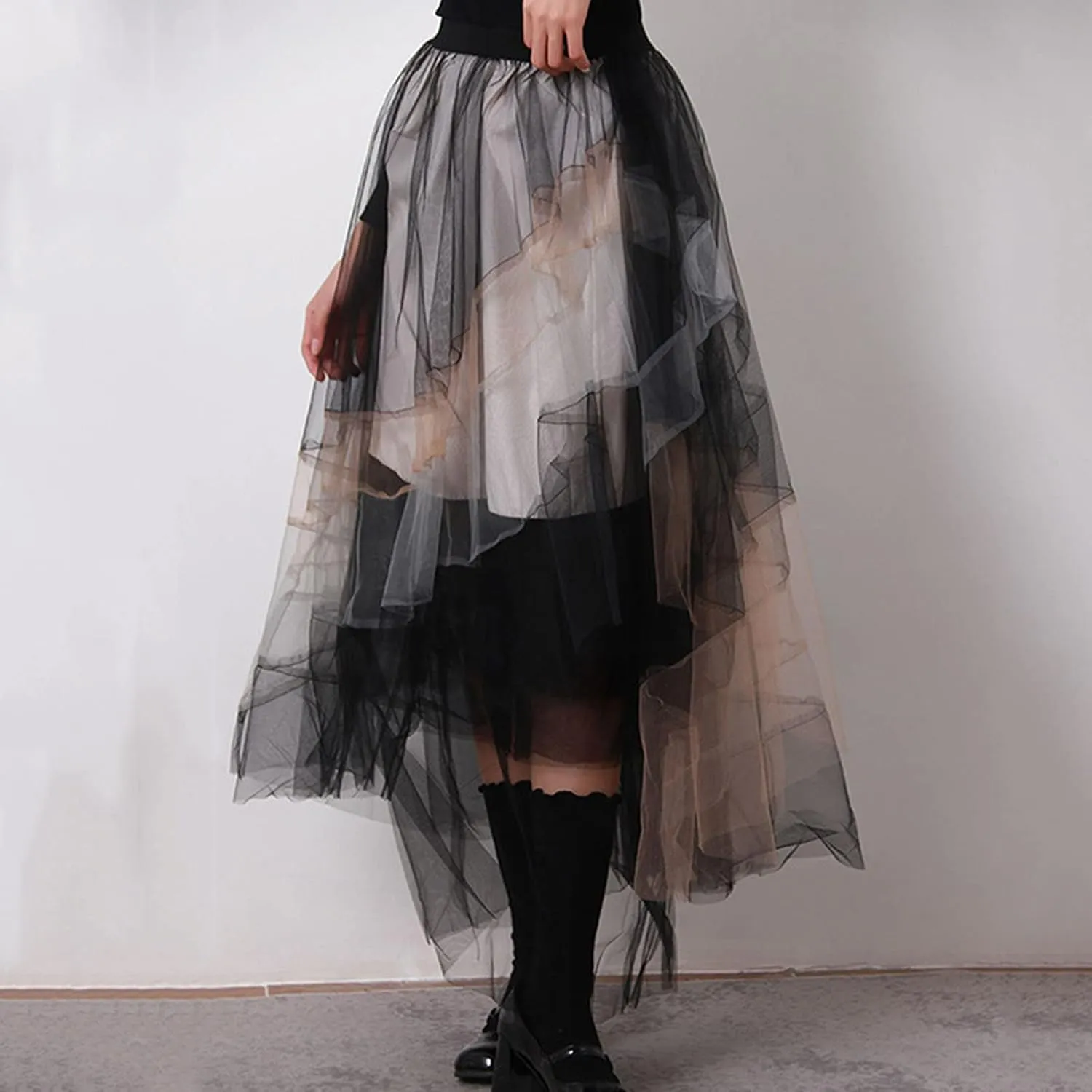 BulliBucci 2024 Women's Tulle Skirts Elastic High Waist Tiered Midi Skirt A-Line Mesh Pleated Flowy Tutu Skirts