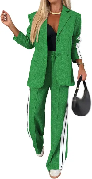 Canbebig Womens 2 Piece Outfits Double Breasted Blazer and Wide Leg Work Pants Casual Blazer Sets Dressy Suits with Pockets
