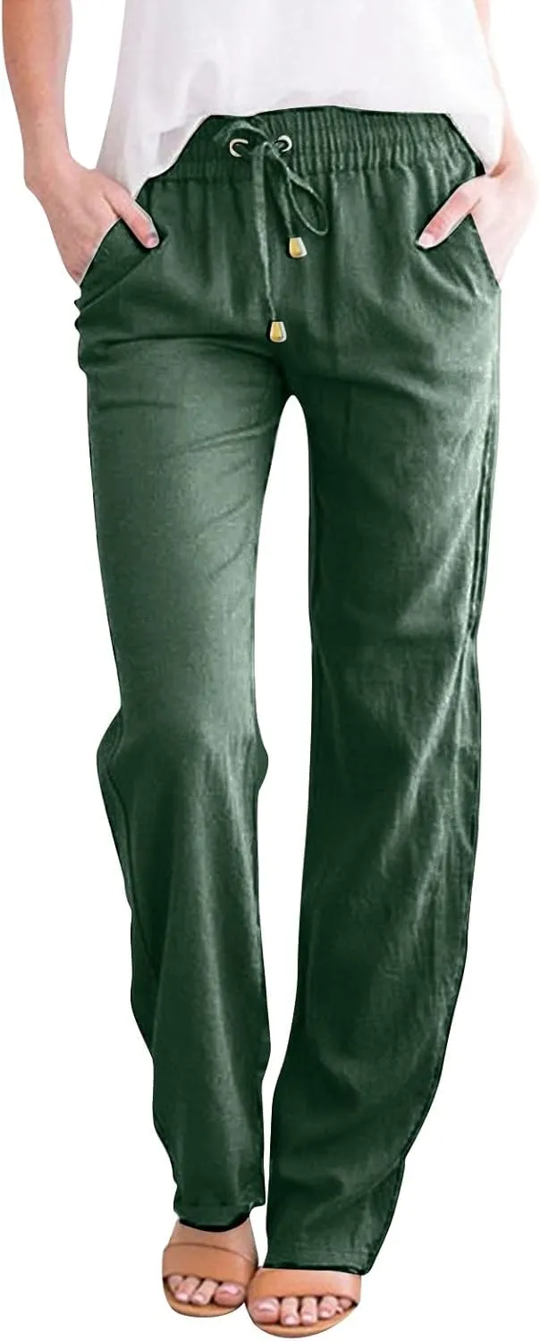 Casual Cotton Linen Pants Women High Waist Drawstring 2025 Summer Loose Lightweight Solid Lounge Long Trousers