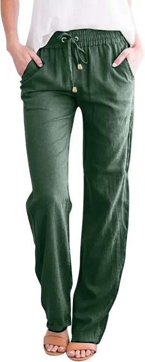 Casual Cotton Linen Pants Women High Waist Drawstring 2025 Summer Loose Lightweight Solid Lounge Long Trousers