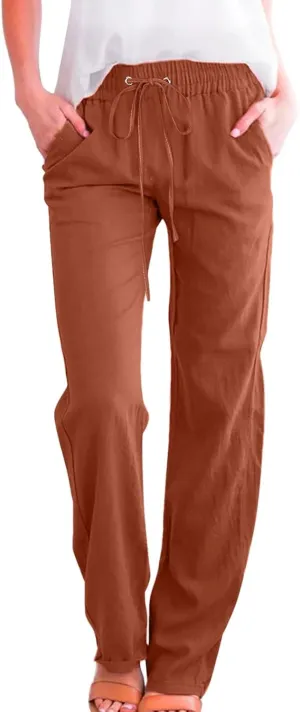 Casual Cotton Linen Pants Women High Waist Drawstring 2025 Summer Loose Lightweight Solid Lounge Long Trousers