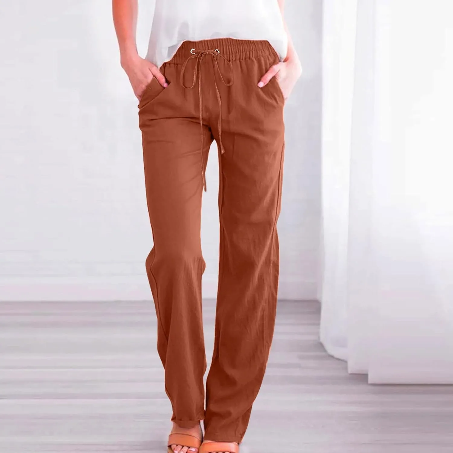Casual Cotton Linen Pants Women High Waist Drawstring 2025 Summer Loose Lightweight Solid Lounge Long Trousers