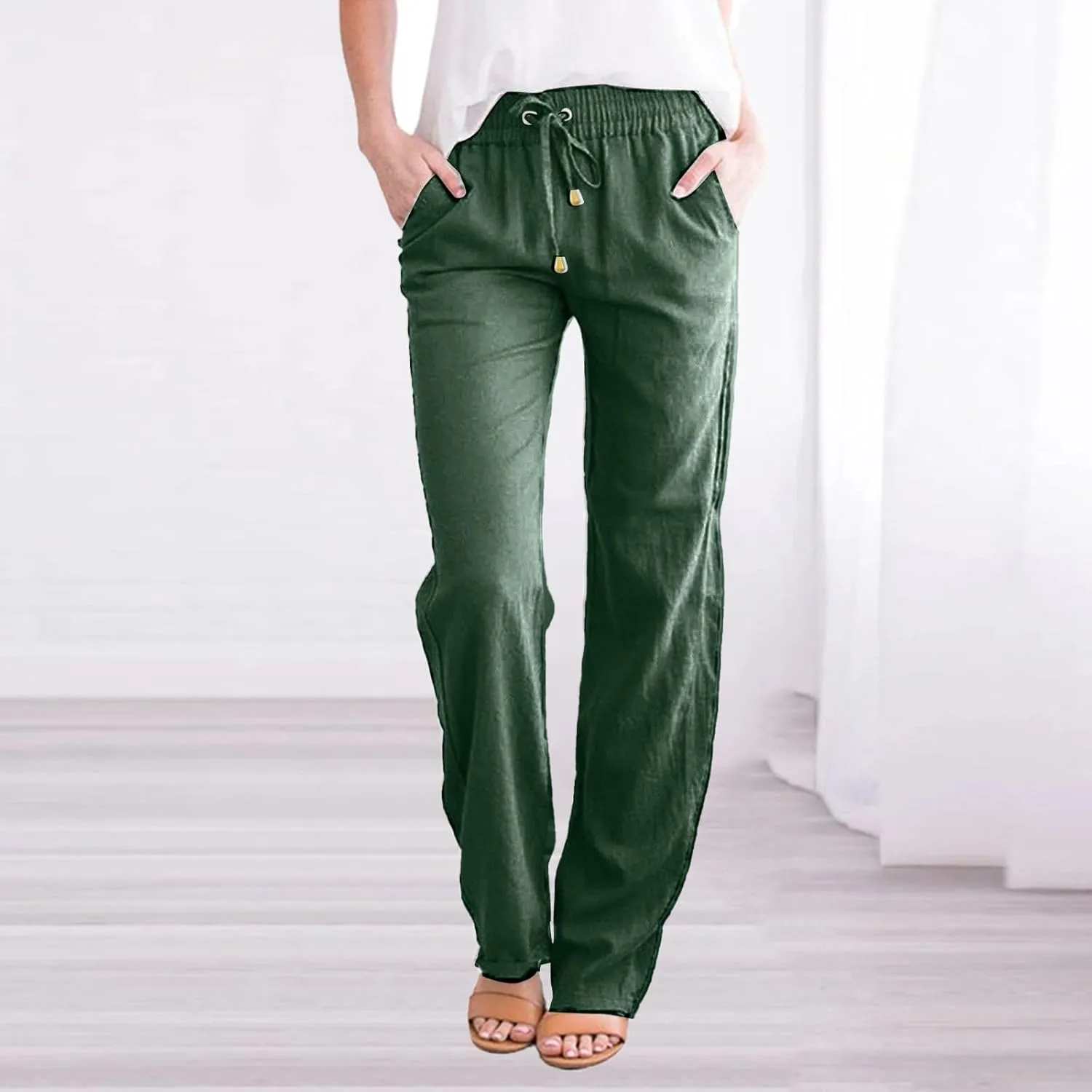 Casual Cotton Linen Pants Women High Waist Drawstring 2025 Summer Loose Lightweight Solid Lounge Long Trousers