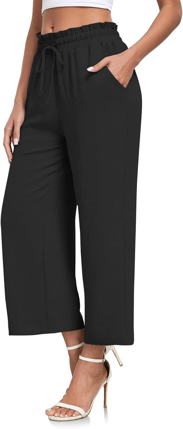 CATHY Womens Casual Wide Leg Pants Drawstring High Waisted Trousers with Pockets