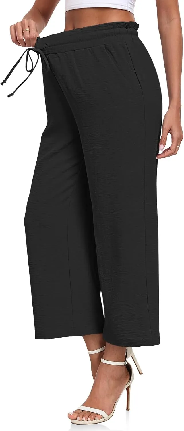 CATHY Womens Casual Wide Leg Pants Drawstring High Waisted Trousers with Pockets