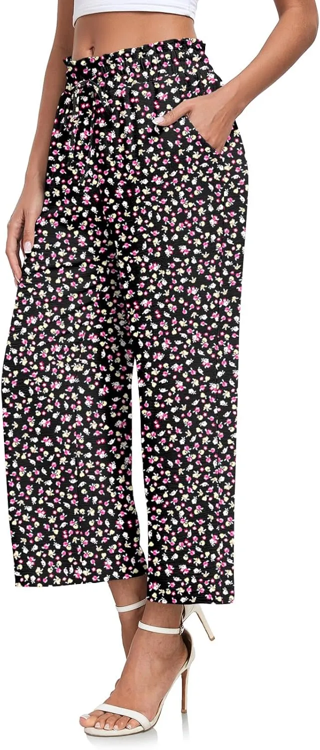 CATHY Womens Casual Wide Leg Pants Drawstring High Waisted Trousers with Pockets