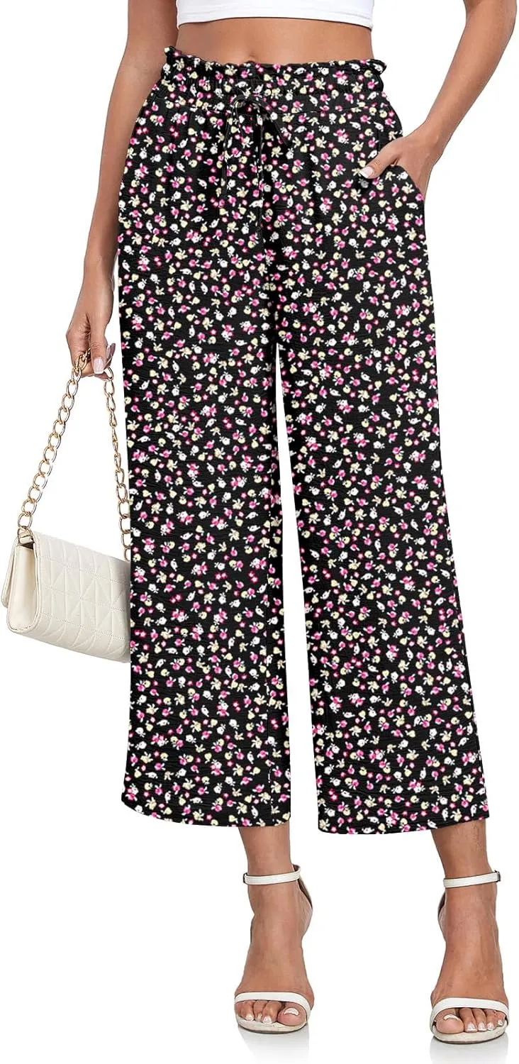 CATHY Womens Casual Wide Leg Pants Drawstring High Waisted Trousers with Pockets