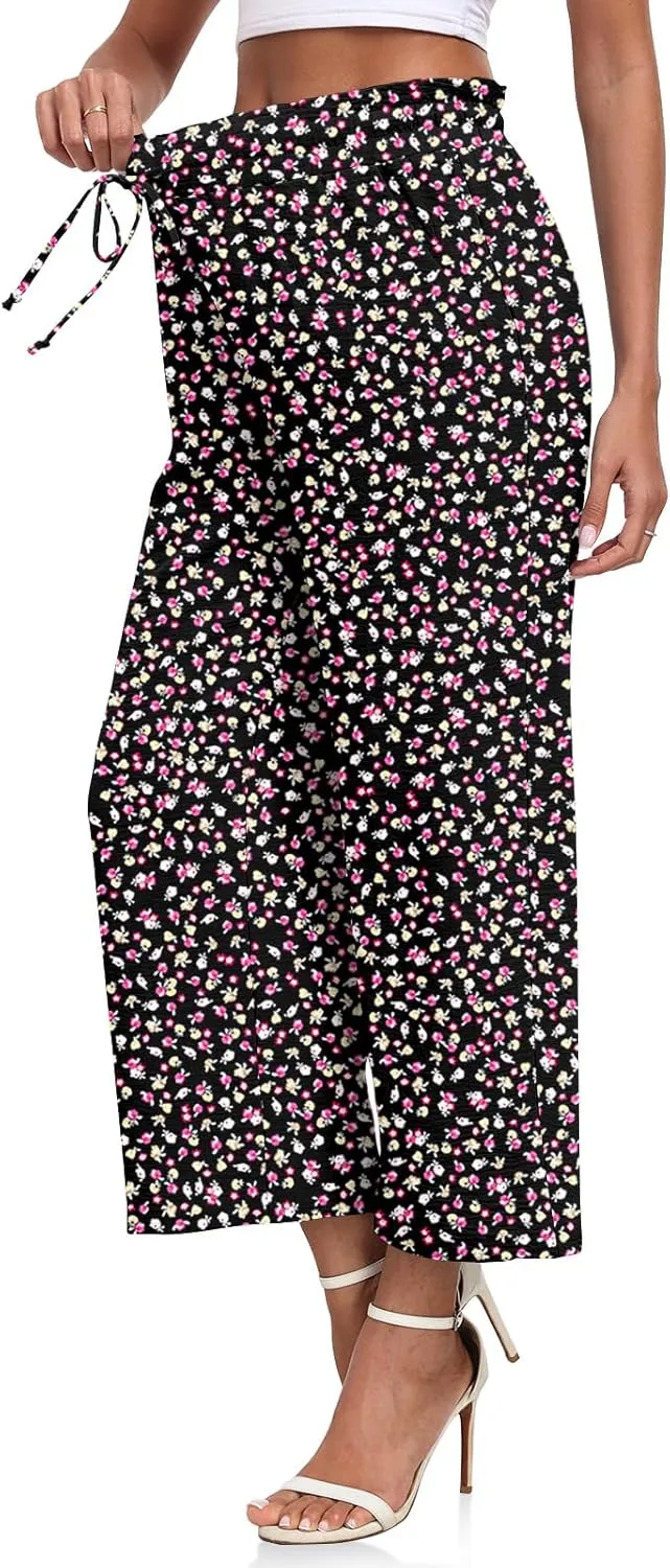 CATHY Womens Casual Wide Leg Pants Drawstring High Waisted Trousers with Pockets