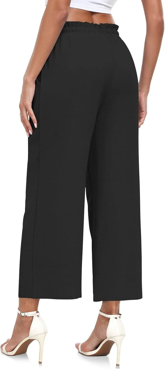 CATHY Womens Casual Wide Leg Pants Drawstring High Waisted Trousers with Pockets