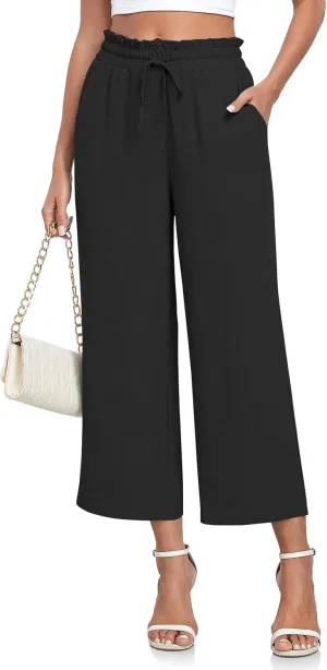 CATHY Womens Casual Wide Leg Pants Drawstring High Waisted Trousers with Pockets