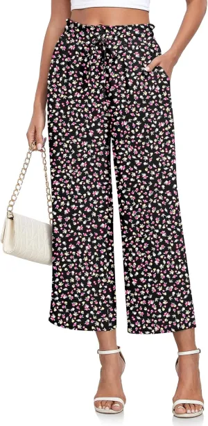 CATHY Womens Casual Wide Leg Pants Drawstring High Waisted Trousers with Pockets