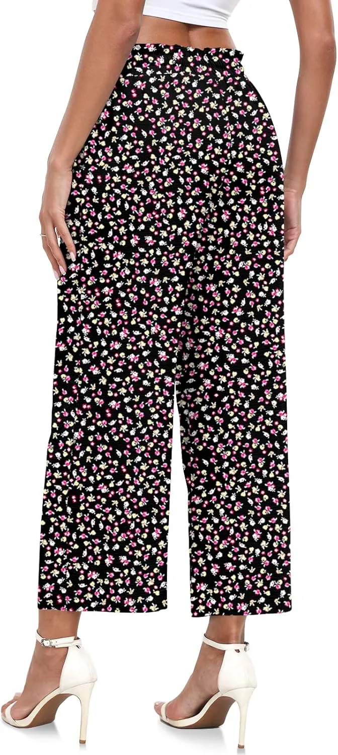 CATHY Womens Casual Wide Leg Pants Drawstring High Waisted Trousers with Pockets
