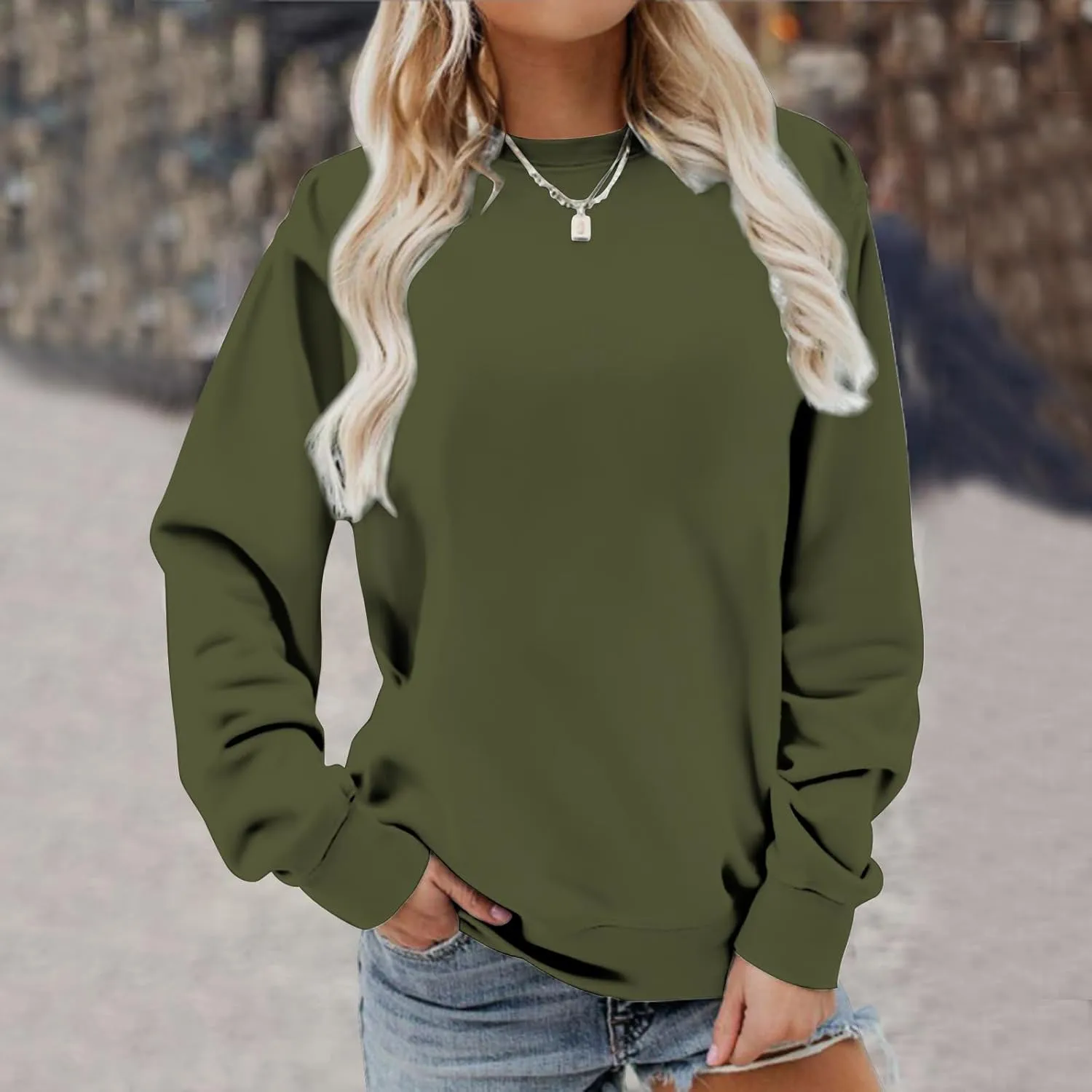 Ceboyel Womens Long Sleeve Shirts 2023 Solid Color Crew Neck Sweatshirts Loose Fit Pullover Tops Trendy Casual Fall Clothes
