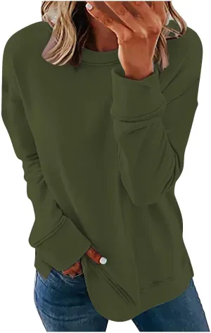 Ceboyel Womens Long Sleeve Shirts 2023 Solid Color Crew Neck Sweatshirts Loose Fit Pullover Tops Trendy Casual Fall Clothes