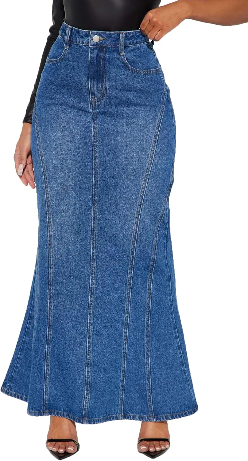 cffvdiz Women's Denim Skirt Casual High Waisted Fishtail Bodycon Jean Maxi Skirts