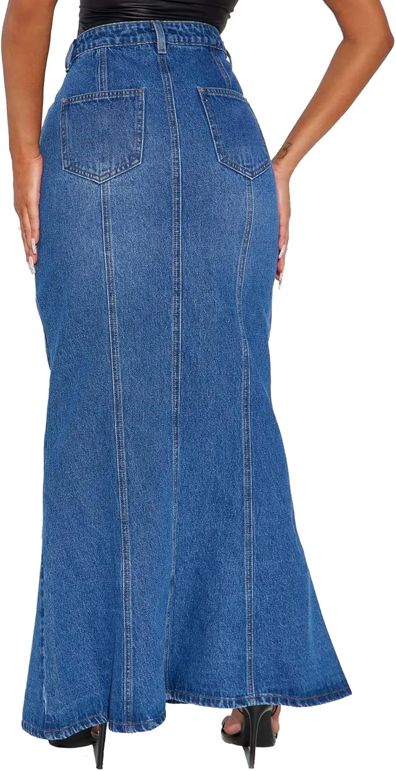 cffvdiz Women's Denim Skirt Casual High Waisted Fishtail Bodycon Jean Maxi Skirts