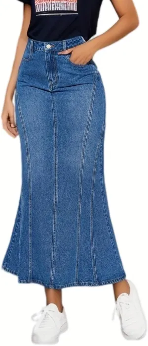 cffvdiz Women's Denim Skirt Casual High Waisted Fishtail Bodycon Jean Maxi Skirts