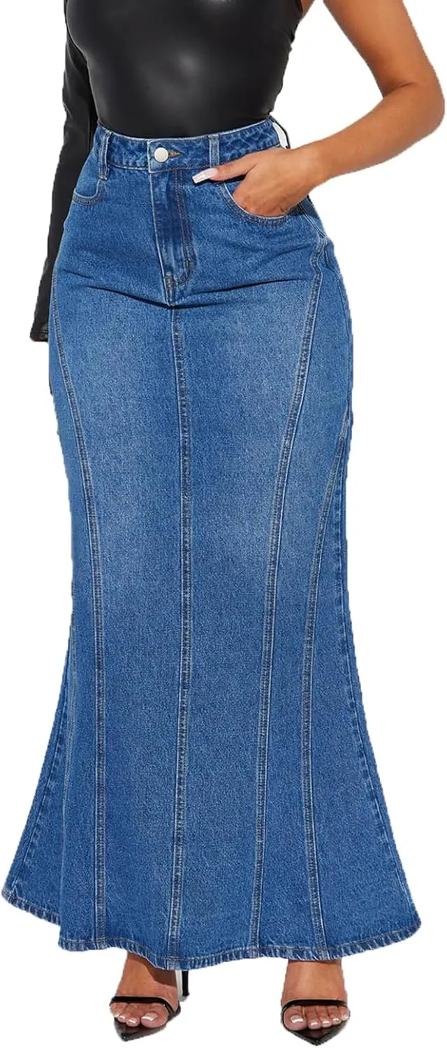 cffvdiz Women's Denim Skirt Casual High Waisted Fishtail Bodycon Jean Maxi Skirts