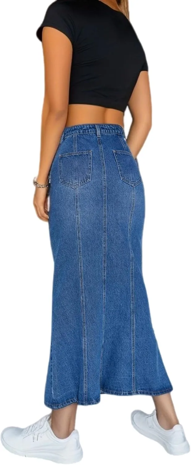 cffvdiz Women's Denim Skirt Casual High Waisted Fishtail Bodycon Jean Maxi Skirts