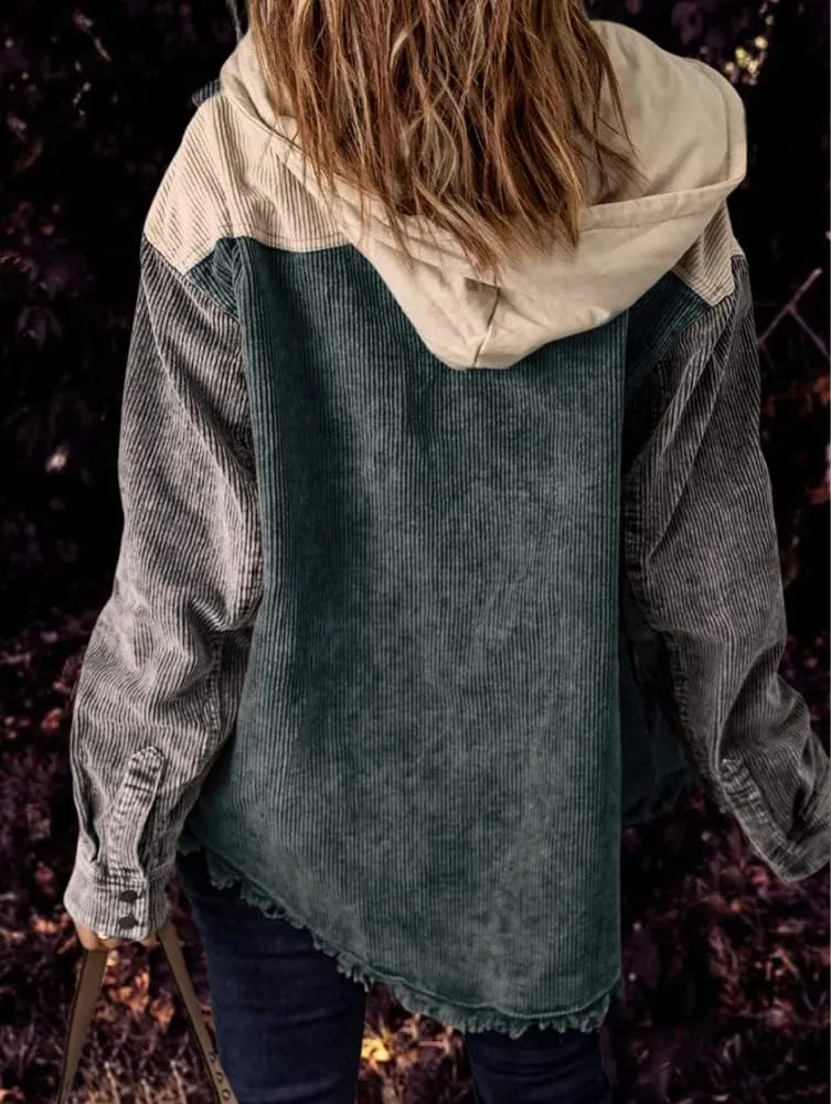 chouyatou Women's Casual Corduroy Open Front Hooded Color Block Shirts Shackets Jacket