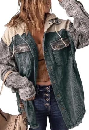 chouyatou Women's Casual Corduroy Open Front Hooded Color Block Shirts Shackets Jacket