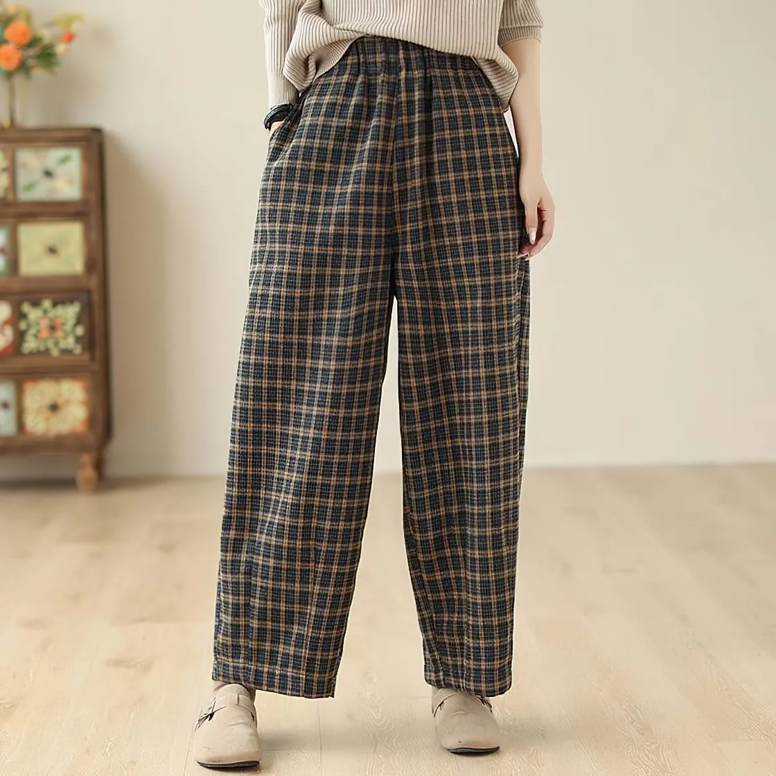 chouyatou Women's Winter Plaid Wool Blend Pant Fleece Lined Harem Pant Elastic High Waist Wide Leg Trouser
