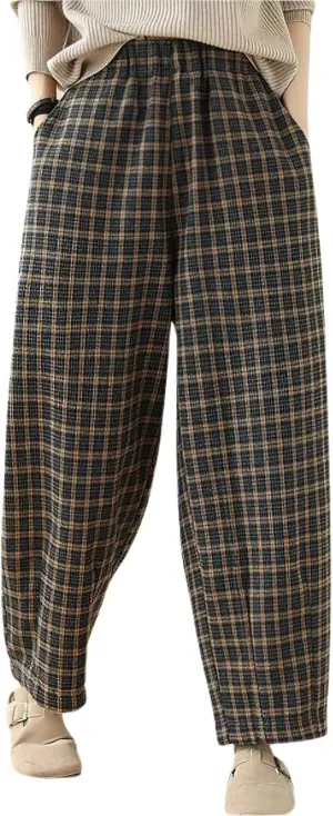 chouyatou Women's Winter Plaid Wool Blend Pant Fleece Lined Harem Pant Elastic High Waist Wide Leg Trouser
