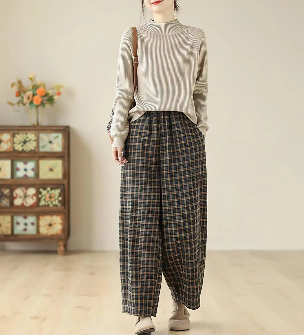 chouyatou Women's Winter Plaid Wool Blend Pant Fleece Lined Harem Pant Elastic High Waist Wide Leg Trouser