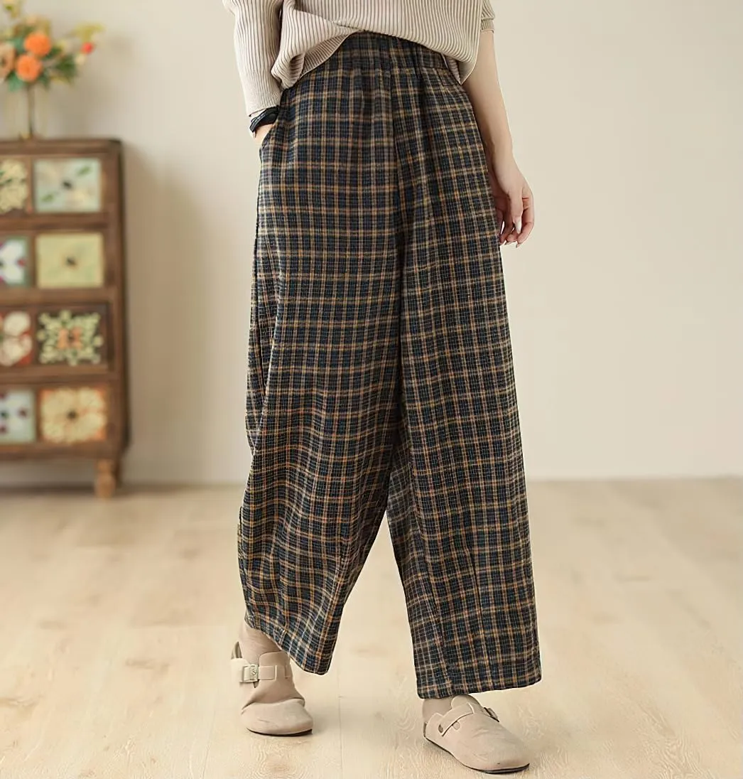 chouyatou Women's Winter Plaid Wool Blend Pant Fleece Lined Harem Pant Elastic High Waist Wide Leg Trouser