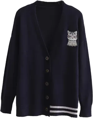 CORIRESHA Women's Cute Cat Embroidered Cardigan Sweater Panel Striped Knit Coat