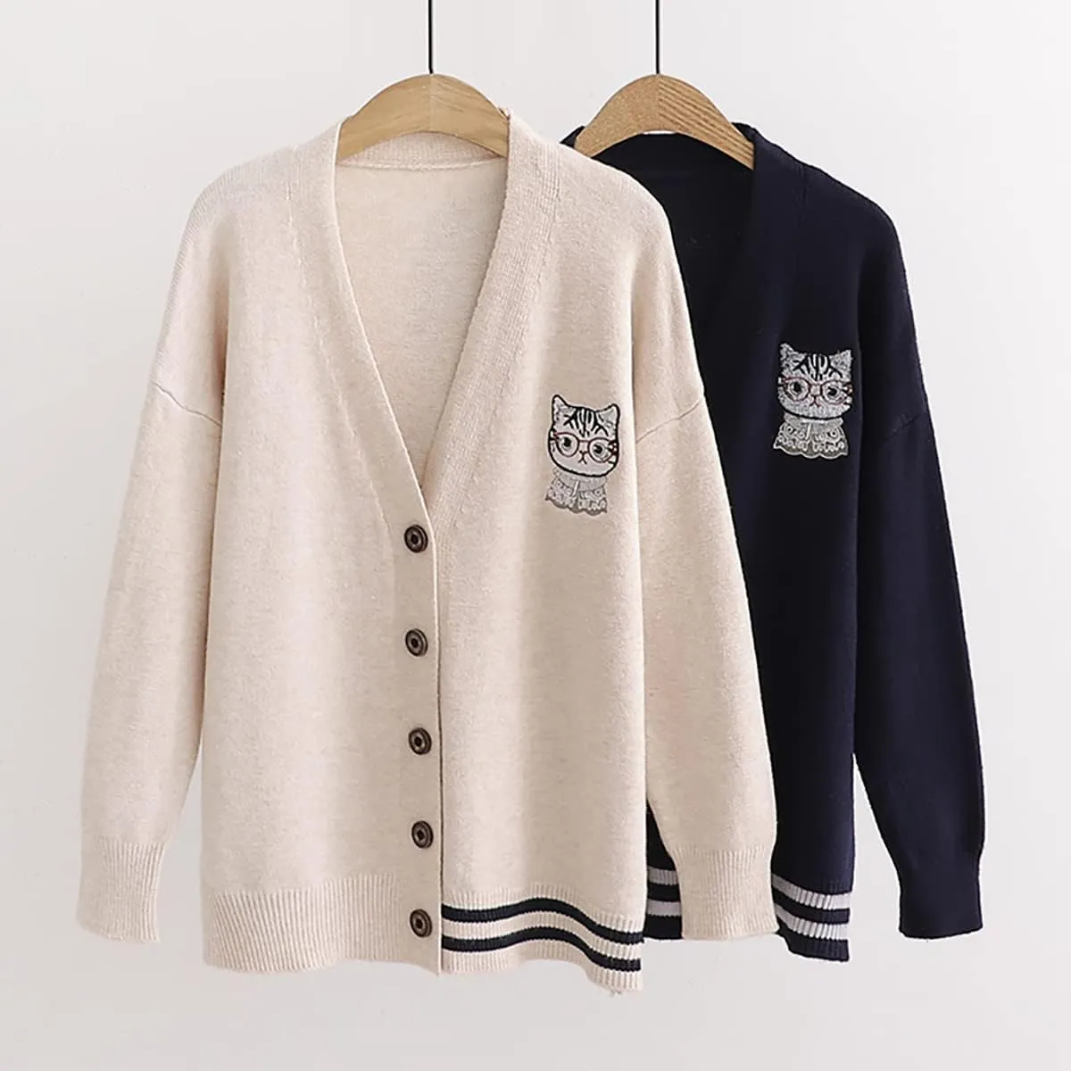 CORIRESHA Women's Cute Cat Embroidered Cardigan Sweater Panel Striped Knit Coat