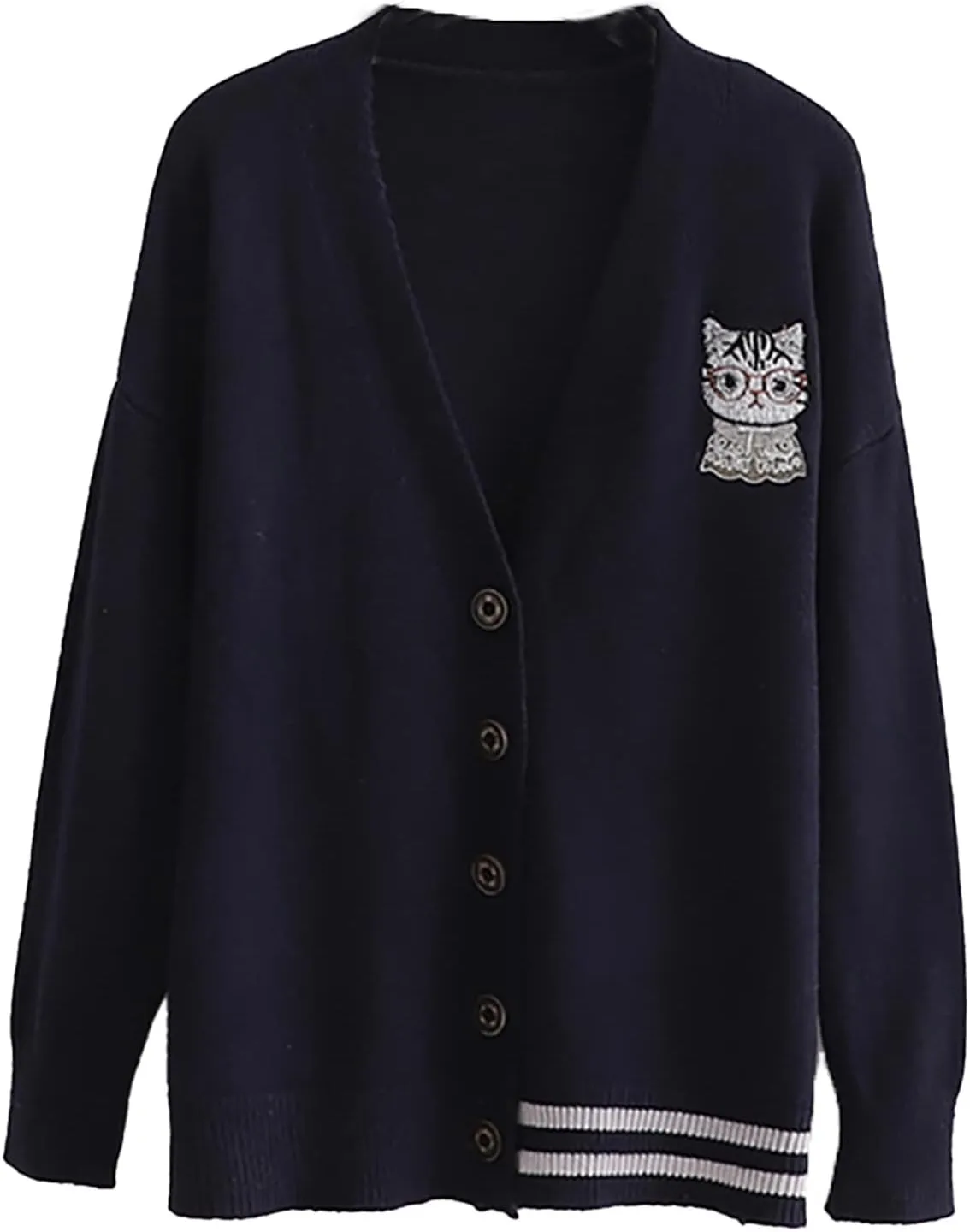 CORIRESHA Women's Cute Cat Embroidered Cardigan Sweater Panel Striped Knit Coat