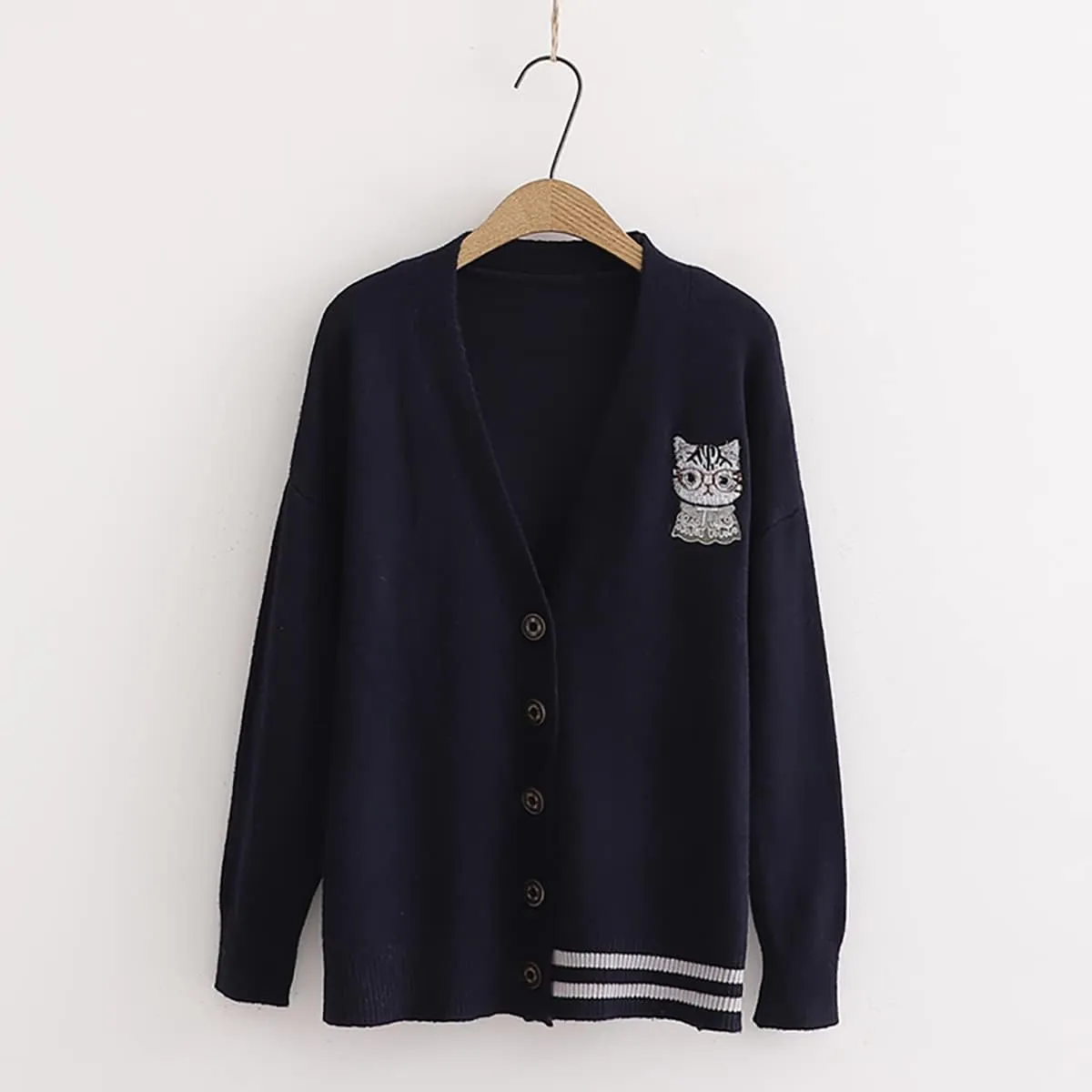 CORIRESHA Women's Cute Cat Embroidered Cardigan Sweater Panel Striped Knit Coat