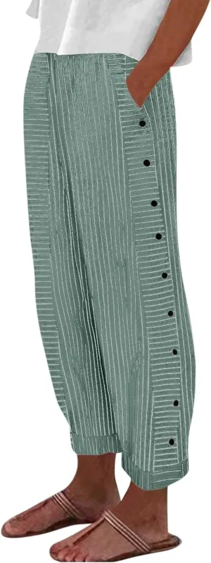 Cotton Linen Pants for Women Striped Print Side Button Pants Baggy Elastic Waist Straight Leg Trousers w Pocket