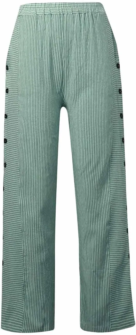Cotton Linen Pants for Women Striped Print Side Button Pants Baggy Elastic Waist Straight Leg Trousers w Pocket
